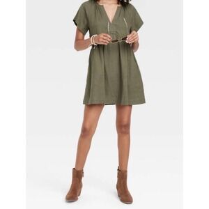 Olive Green Linen Blend V-Neck Babydoll Mini Dress Pockets M